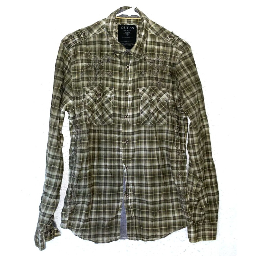 Guess Shirt Mens sz S Green Plaid Embroidered Floral Vintage Retro Button Up
